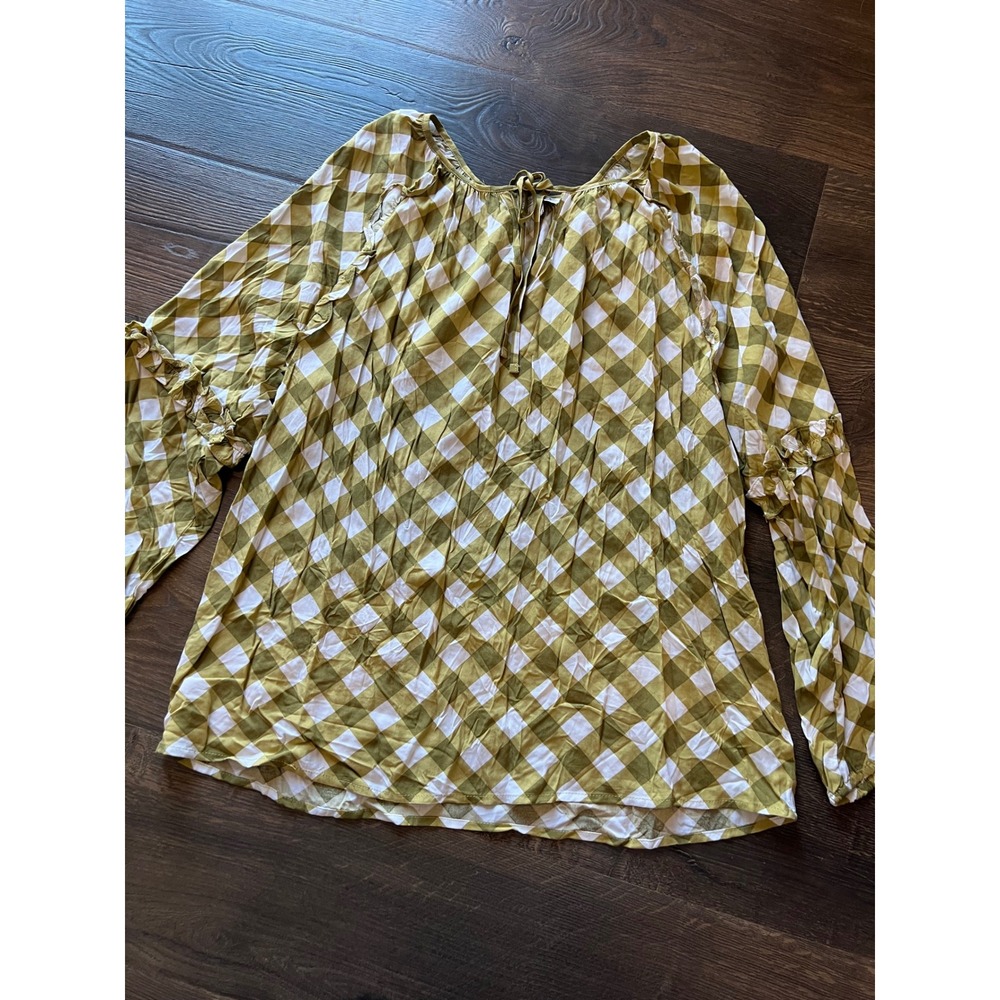 Pioneer Woman Green Gingham Plaid Ruffle Long Sleeve Peasant Top Large
